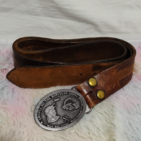 RARE! Salute To The Kentucky Coal Miner 1980 Buckle Leather Belt Limited Edition - Picture 1 of 9